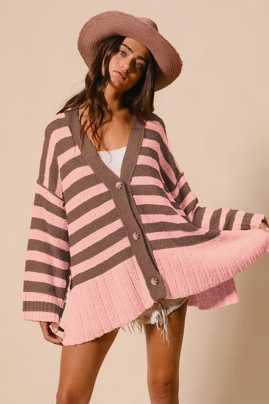 BiBi Slit Striped V-Neck Button Up Cardigan