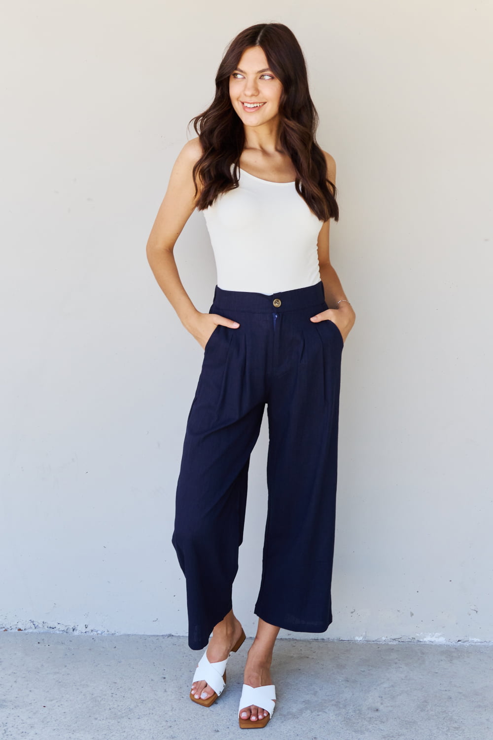 And The Why In The Mix Full Size Pleated Detail Linen Pants in Dark Navy