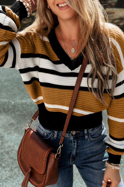 Contrast Stripes V Neck Long Sleeve Sweater