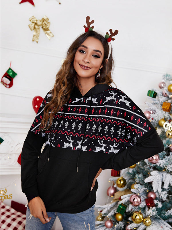 Festive Reindeer Pattern Knit Hoodie Sweatshirt