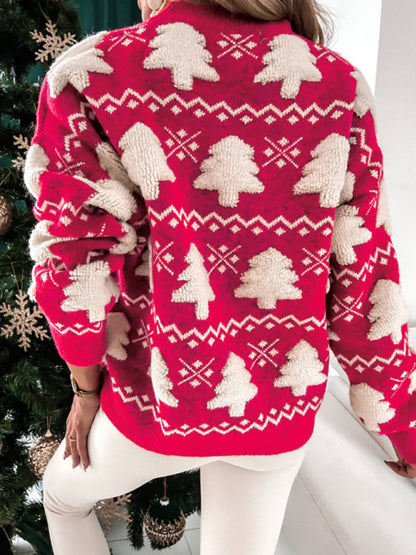 Festive Self-Design Dropped Shoulder Long Sleeve Sweater for Women