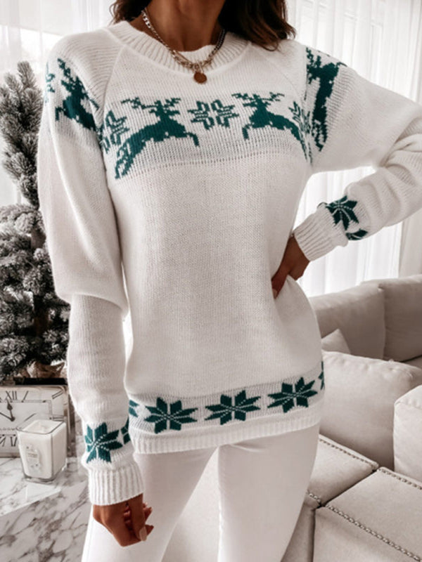 Christmas casual elk partial jacquard women's knitted long-sleeved top