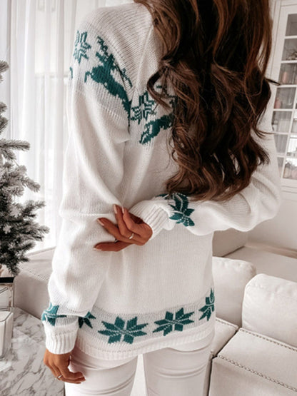 Christmas casual elk partial jacquard women's knitted long-sleeved top