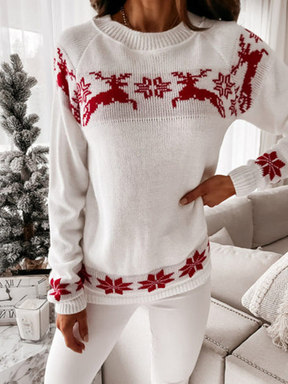 Christmas casual elk partial jacquard women's knitted long-sleeved top