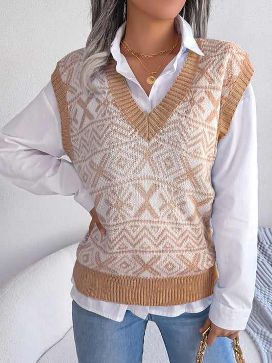 Women's new Christmas snowflake pattern V-neck knitted vest sweater