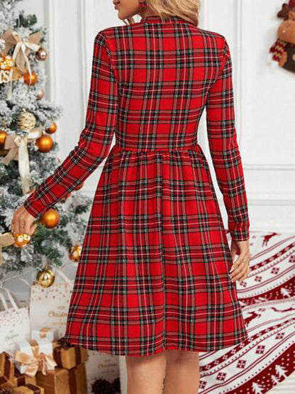 Checkered printed turtleneck long-sleeved dress Christmas new style