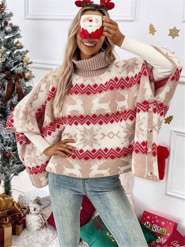 Turtleneck Christmas Elk Contrast Pattern Bat Sleeve Sweater