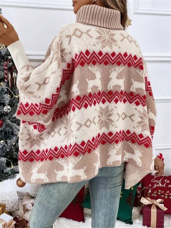 Turtleneck Christmas Elk Contrast Pattern Bat Sleeve Sweater