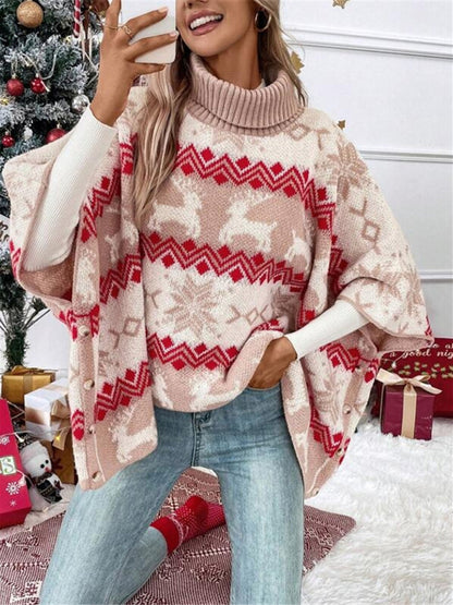 Turtleneck Christmas Elk Contrast Pattern Bat Sleeve Sweater