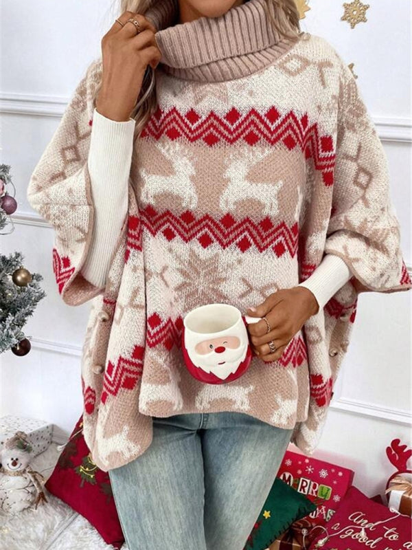 Turtleneck Christmas Elk Contrast Pattern Bat Sleeve Sweater