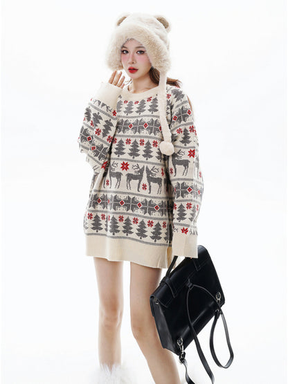 Winter Reindeer Print Knit Christmas Sweater