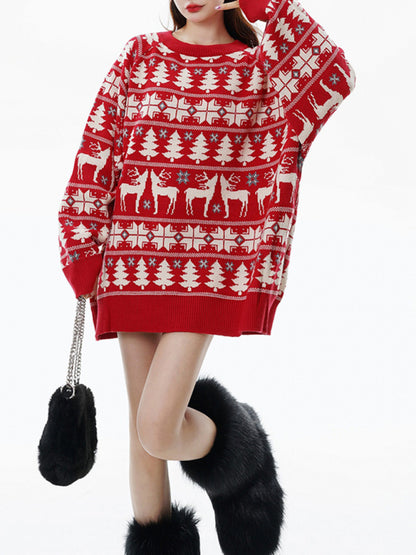 Winter Reindeer Print Knit Christmas Sweater