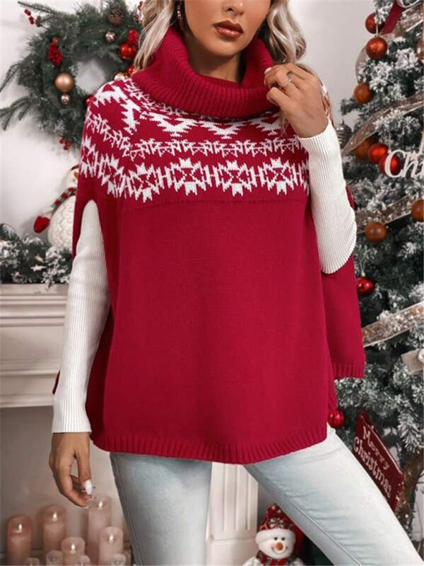 New high collar Christmas red cape sleeve geographical pattern knitted cape sweater