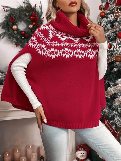 New high collar Christmas red cape sleeve geographical pattern knitted cape sweater