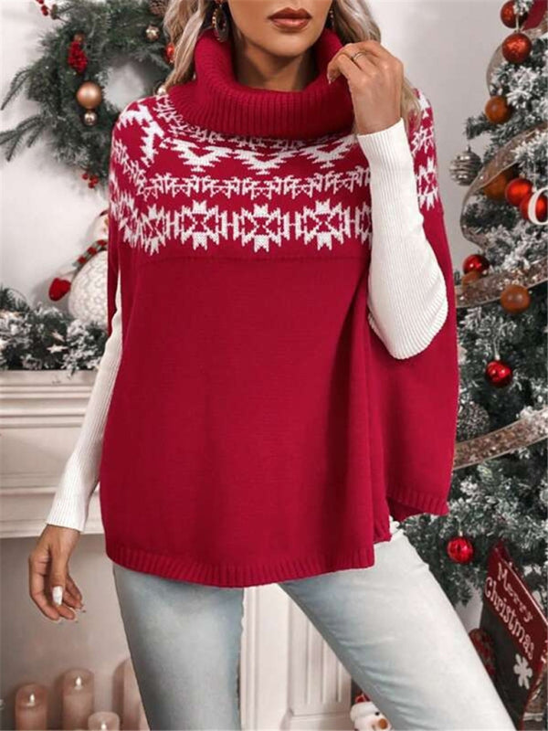 New high collar Christmas red cape sleeve geographical pattern knitted cape sweater