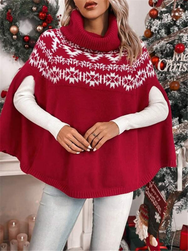 New high collar Christmas red cape sleeve geographical pattern knitted cape sweater