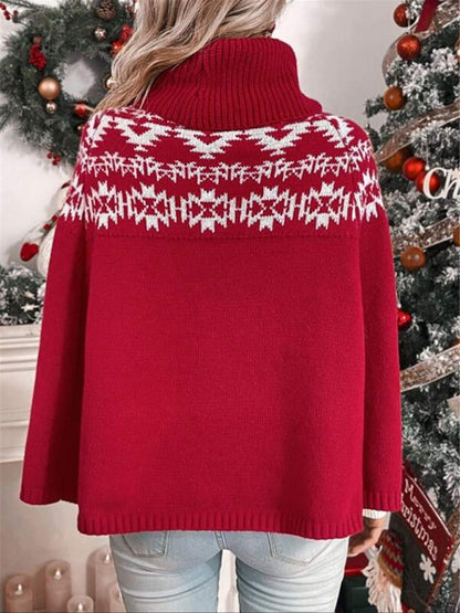 New high collar Christmas red cape sleeve geographical pattern knitted cape sweater