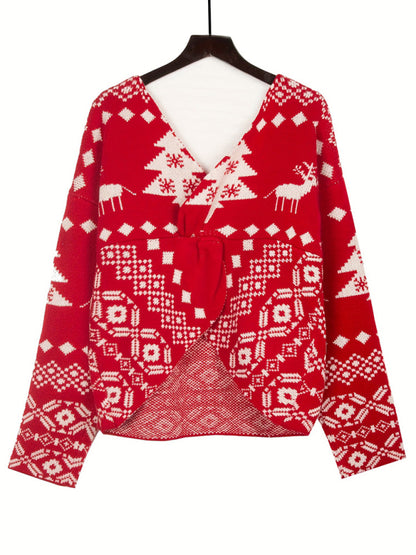 New V-neck irregular backless off-shoulder Christmas snowflake pattern long-sleeved women's sweater