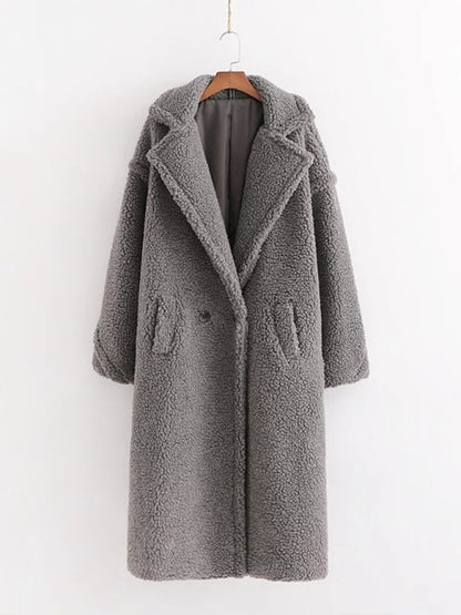 Women's warm loose lambswool coat teddy fur lapel long woolen coat