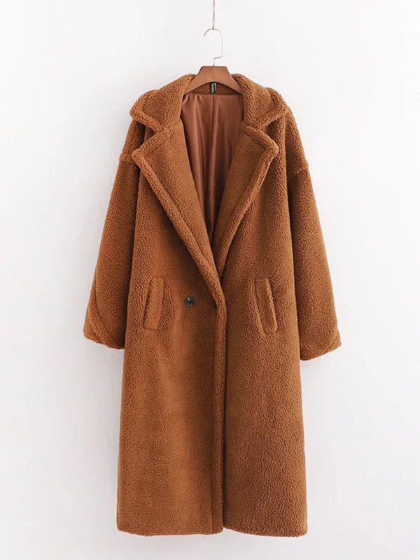 Women's warm loose lambswool coat teddy fur lapel long woolen coat