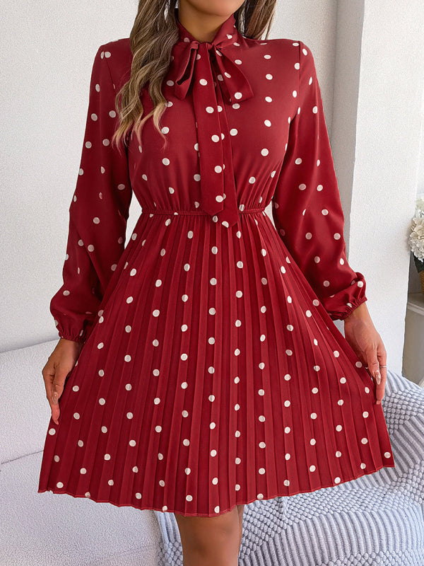 Women's elegant polka-dot lace-up waist long-sleeved pleated skirt