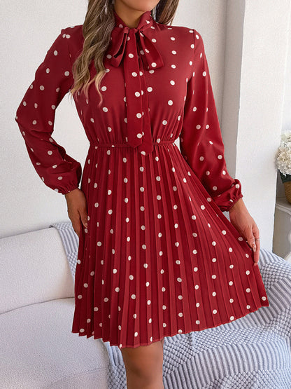 Women's elegant polka-dot lace-up waist long-sleeved pleated skirt