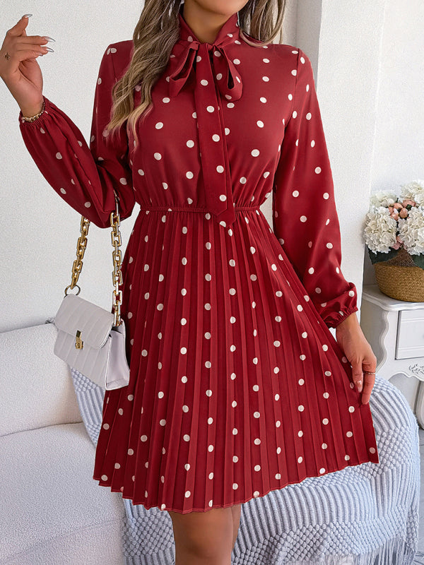 Women's elegant polka-dot lace-up waist long-sleeved pleated skirt