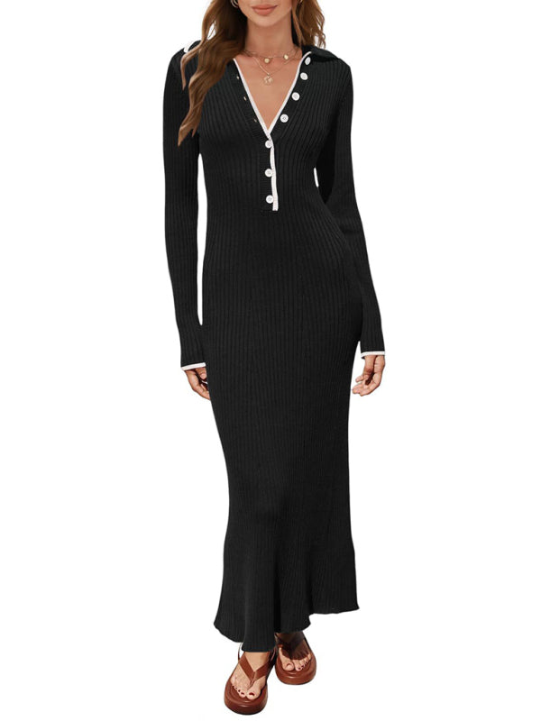 New fashionable lapel knitted slim fit hip-hugging long-sleeved dress