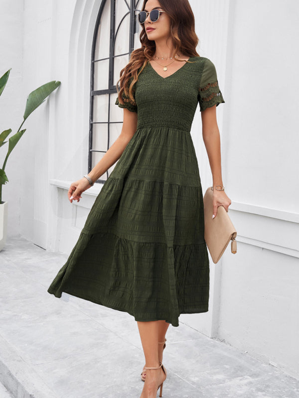 New solid color short sleeve V-neck dress