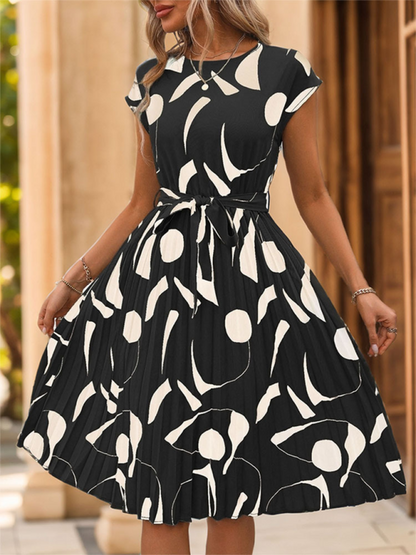 Ladies new geometric pattern print pleated dress