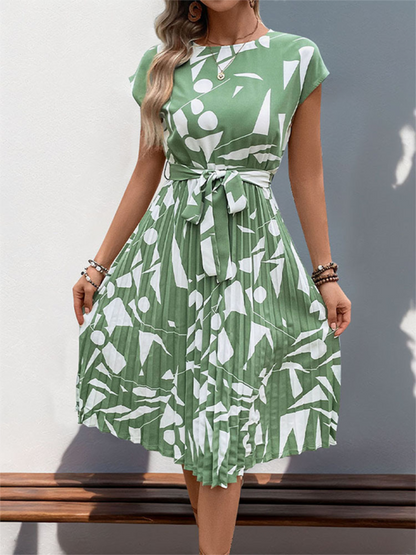 Ladies new geometric pattern print pleated dress