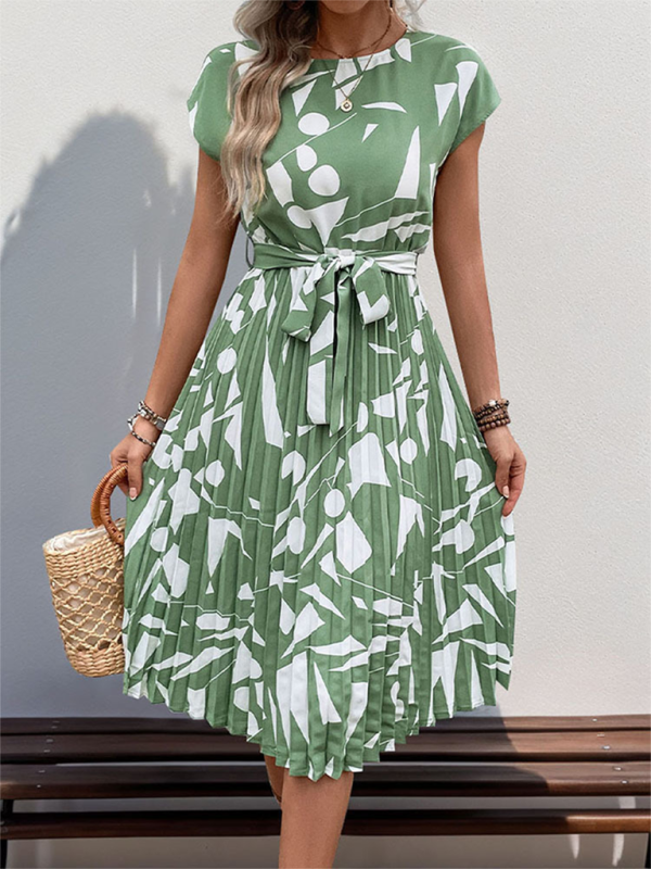 Ladies new geometric pattern print pleated dress