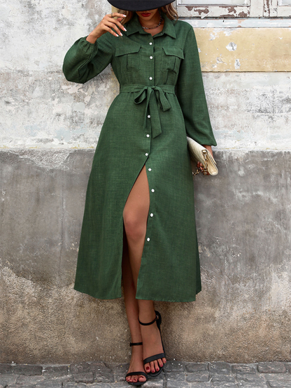 New Lapel Green Long Sleeve Solid Color Dress