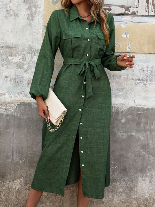 New Lapel Green Long Sleeve Solid Color Dress