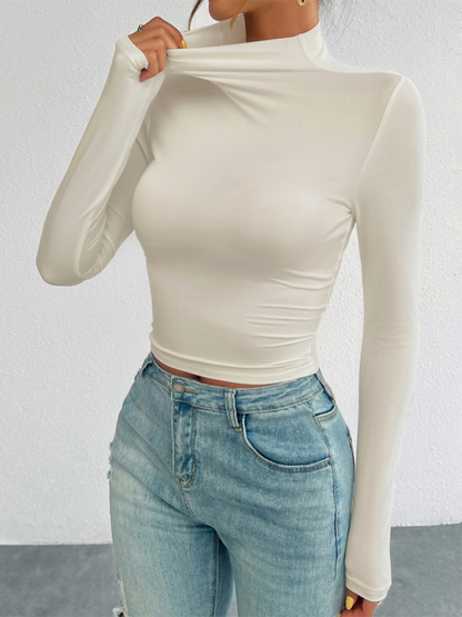 Women's Y2K Slim Fit Solid Color Knitted Bottom Long Sleeve Top