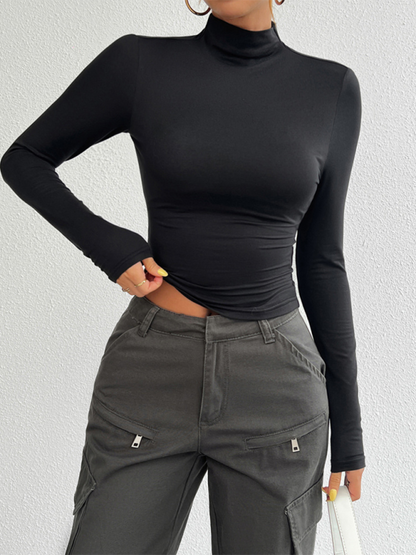 Women's Y2K Slim Fit Solid Color Knitted Bottom Long Sleeve Top