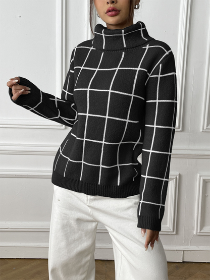 Contrast Plaid Turtleneck Sweater Top