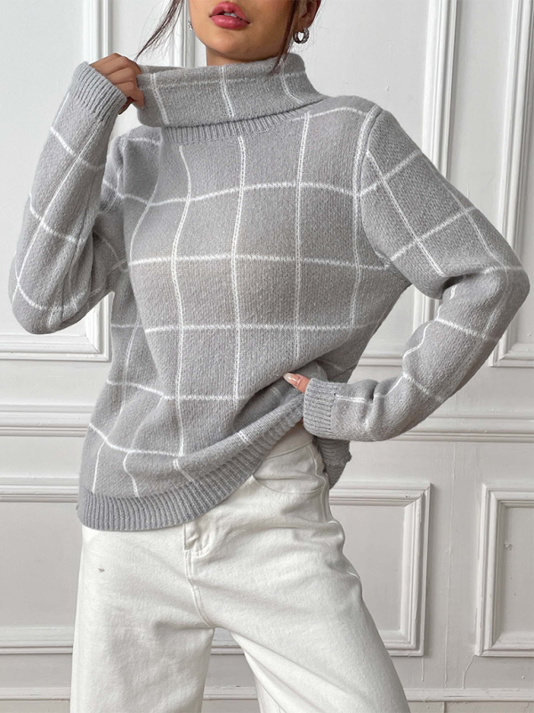 Contrast Plaid Turtleneck Sweater Top