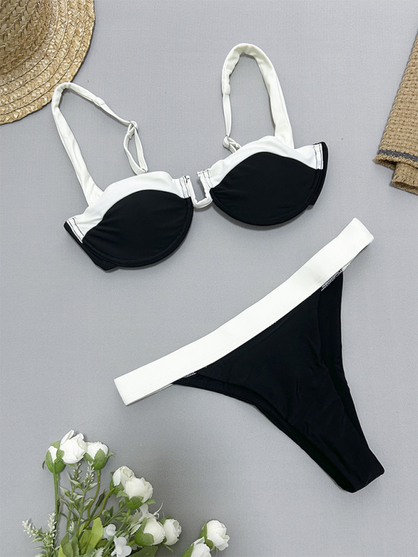 Black and white gathered two-piece swimsuit for women