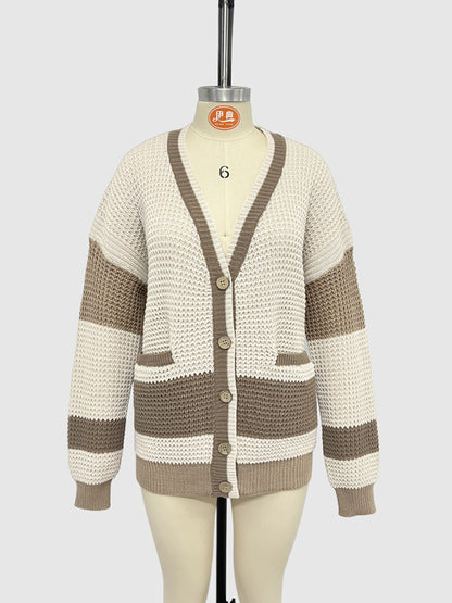 Knitted Jacket V-Neck Large Size Pocket Colorblock Cardigan Sweater