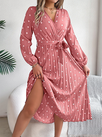 Elegant Color Clash Polka Dot Cross V-Neck Pleated Long Dress