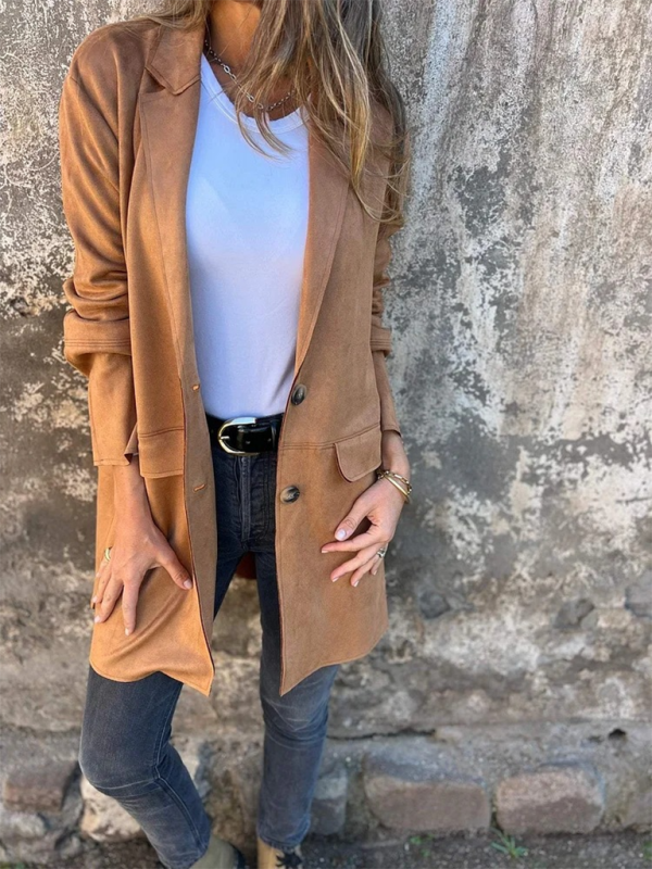 Casual Fashion Suede Lapel Long Sleeve Long Jacket