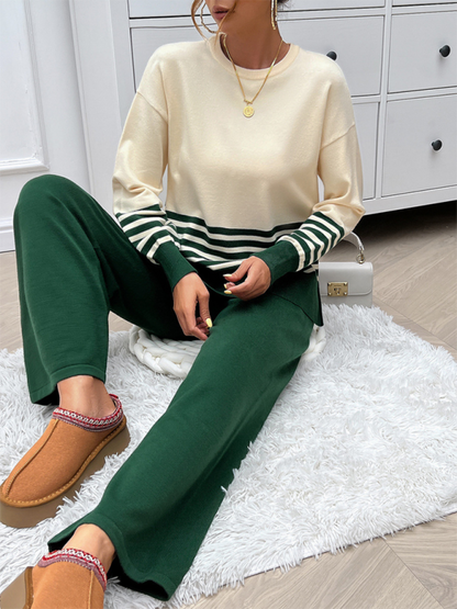 Casual Loose Clashing Color Straight Pants Sweater Set