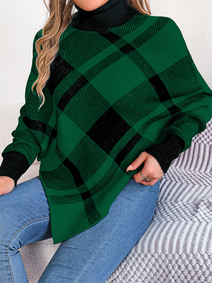 Christmas Casual Contrast Plaid Turtleneck Long Sleeve Poncho Sweater