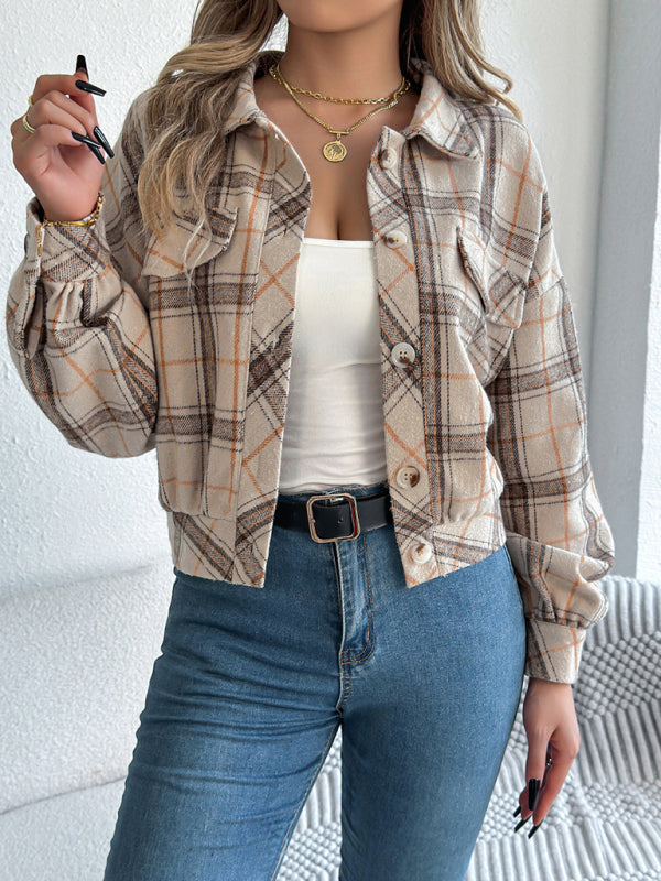 Casual Plaid Long Sleeve Tweed Jacket Coat