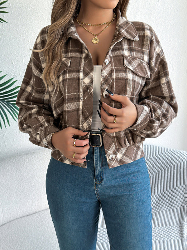 Casual Plaid Long Sleeve Tweed Jacket Coat