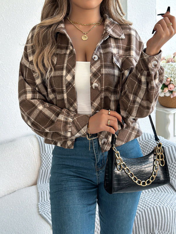 Casual Plaid Long Sleeve Tweed Jacket Coat