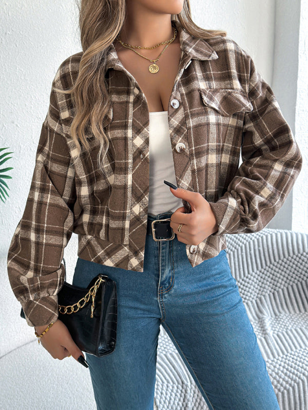 Casual Plaid Long Sleeve Tweed Jacket Coat