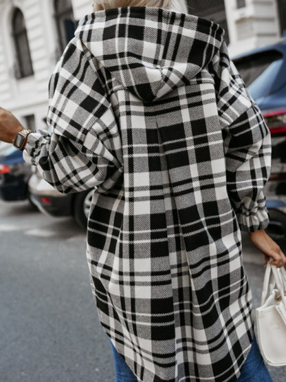 Ladies new loose fashion casual hooded plaid jacket