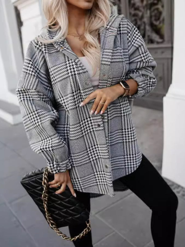 Ladies new loose fashion casual hooded plaid jacket